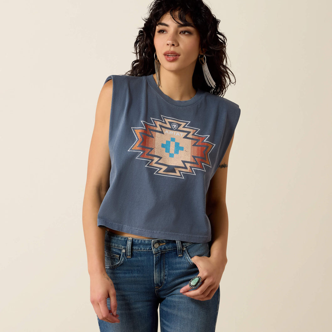 Pard's Western Shop Ariat Women's Faded Navy Lakeside Geo Southwest Print Sleeveless T-Shirt