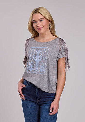Pard's Western Shop Roper Apparel Women's Heather Grey Cactus Graphic Tee with Fringe Trim
