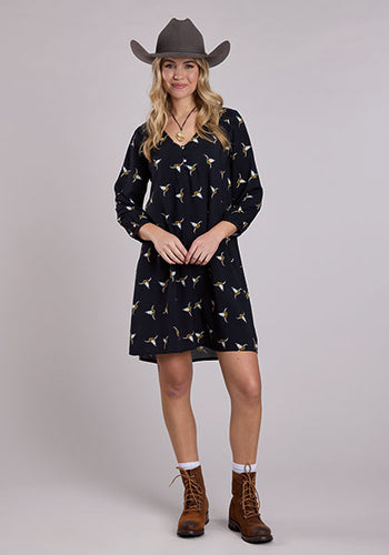 Pard's Western Shop Roper Apparel Women's Black Western Peasant Dress with Steer Skull Print