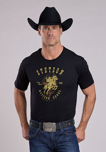 Pard's Western Shop Stetson Men's Western Goods Black T-Shirt with Roping Cowboy Graphics