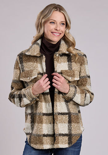 Pard's Western Shop Roper Apparel Women's Khaki/Brown Plaid Sherpa Oversized Shirt Jacket