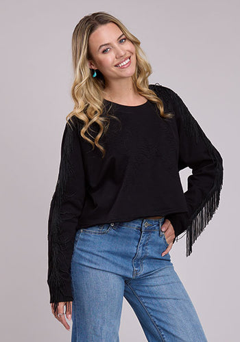 Pard's Western Shop Roper Apparel Women's Black Fleece Sweatshirt with Fringe Sleeves