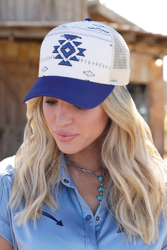 Pard's Western Shop Cruel Girl Cream/Blue Aztec Print Mesh Back Ballcap