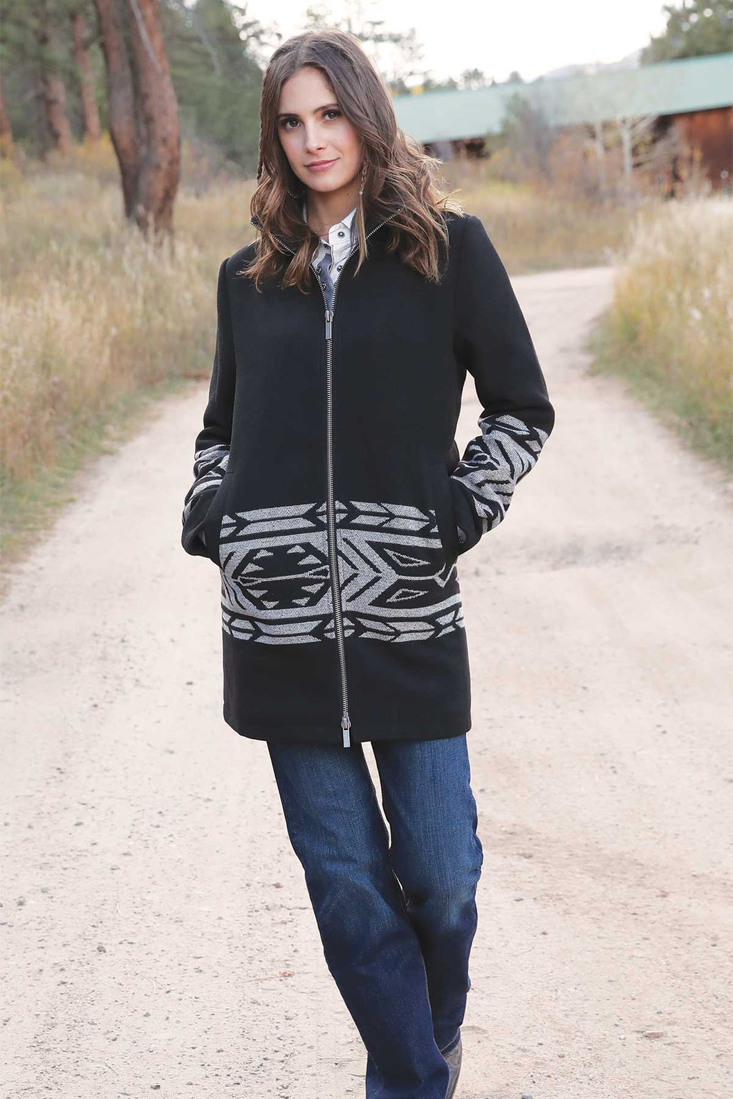 Cruel Girl Black Tweed Walking Coat with Southwest Accent Cruel Girl Black Tweed Walking Coat with Southwest Accent
