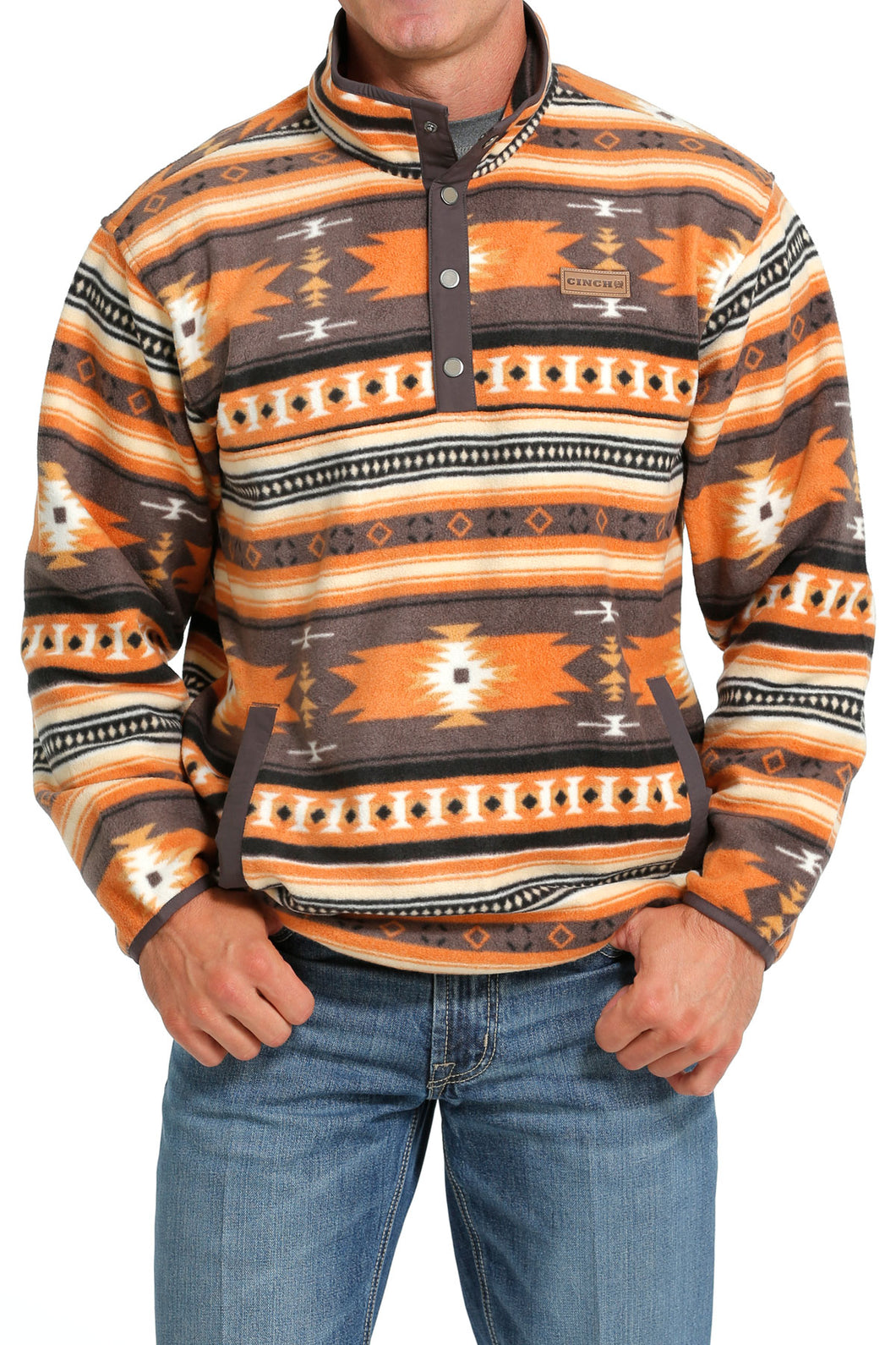 Cinch Orange/Grey Southwest Print Polar Fleece Pullover for Men