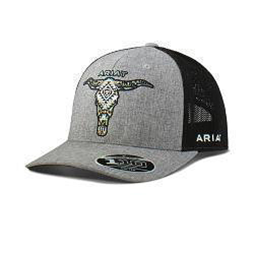 Ariat Grey/Black Flexfit 110 Ballcap with Embroidered Southwest Longhorn Skull
