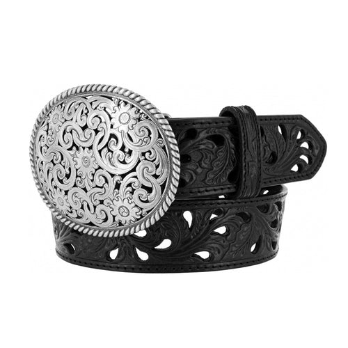 Pard's Western Shop Tony Lama Black Filigree Belt with Oval Filigree Floral Buckle