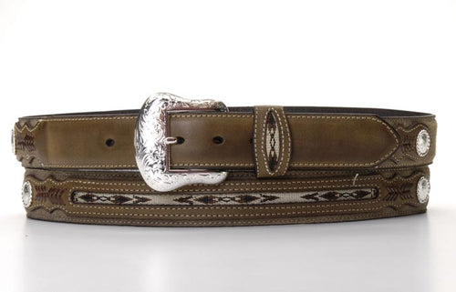 Pard's Western Shop Nocona Brown Top Hand Belt with Conchos and Aztec Weave Inlay 