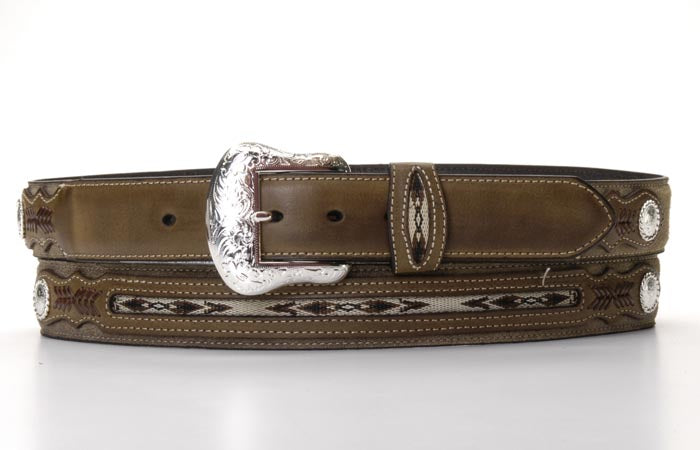 Pard's Western Shop Nocona Brown Top Hand Belt with Conchos and Aztec Weave Inlay 