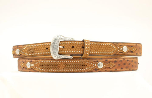 Pard's Western Shop Nocona Brown Ostrich Print Belt with Laced Overlay and Conchos