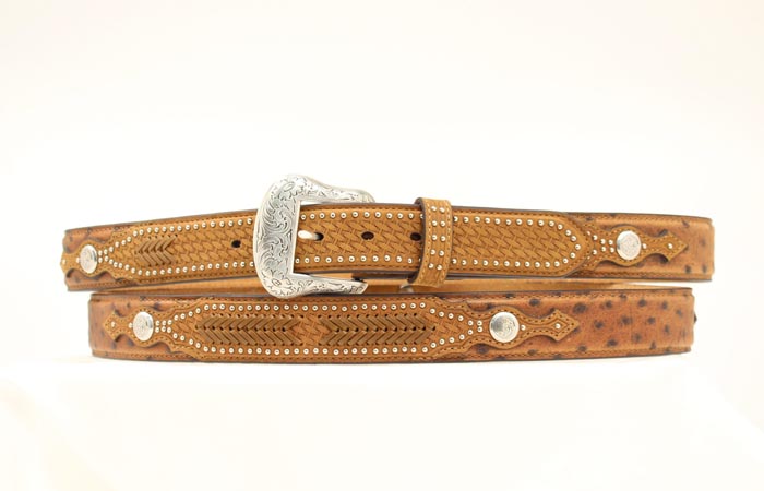 Pard's Western Shop Nocona Brown Ostrich Print Belt with Laced Overlay and Conchos