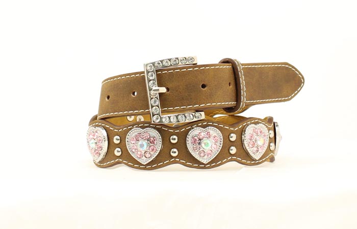 Nocona Girls Brown Fashion Belt Heart Shaped Conchos & Pink Rhinestones