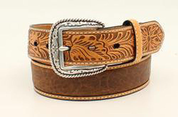 Pard's Western Shop Ariat Brown Crocodile Print Belt with Tan Floral Embossed Tabs
