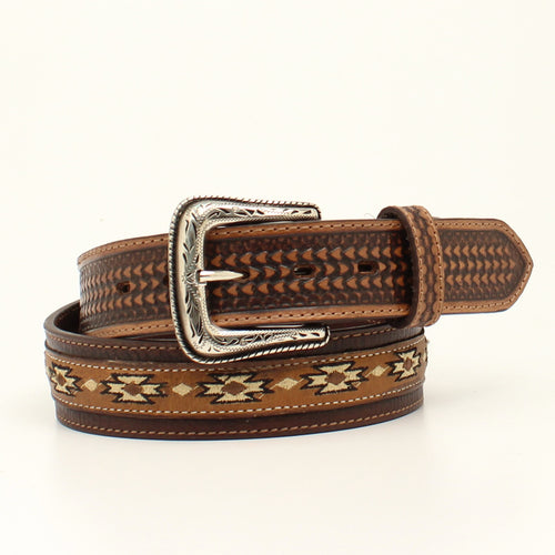 Pard's Western Shop Ariat Mens Brown Southwestern Embroidered Belt with Tooled Tabs
