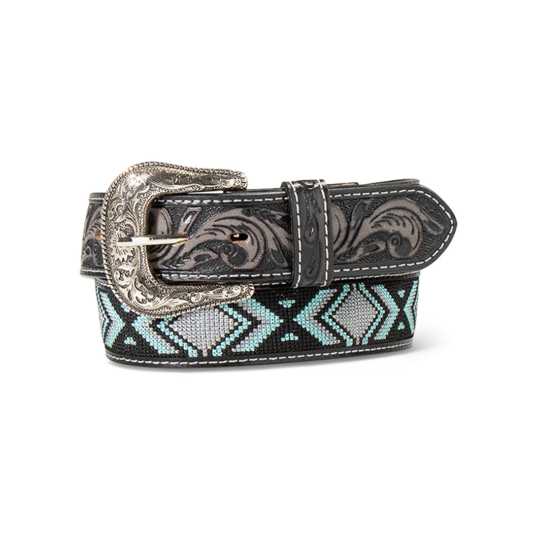 Pard's Western Shop Ariat Black Tooled Belt with Blue/Black/Grey Embroidered Inlay