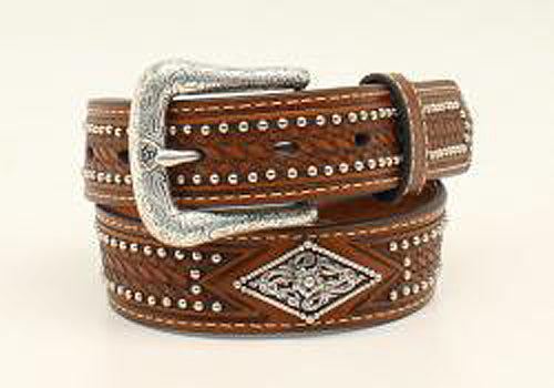 Pard's Western Shop Ariat Children's Brown Embossed Basketweave Belt with Silver Nailheads and Diamond Conchos