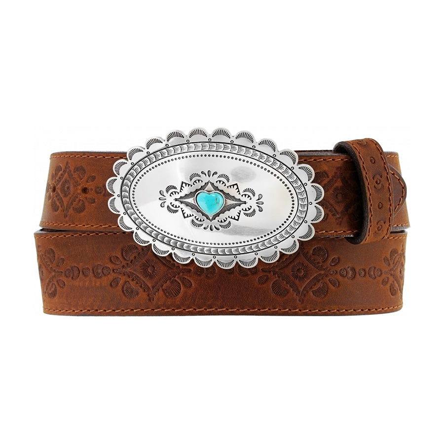 Pard's Western Shop Justin Aged Bark Native Heart Belt with Turquoise Heart Oval Buckle