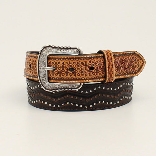 Pard's Western Shop 3-D Belts Tan/Brown Tooled Men's Belt with Silver/Copper Studs