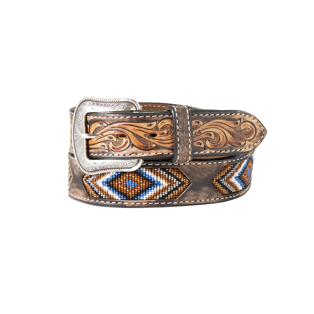 Pard's Western Shop 3-D Brown Beaded Inlay Belt with Floral Tabs for Men