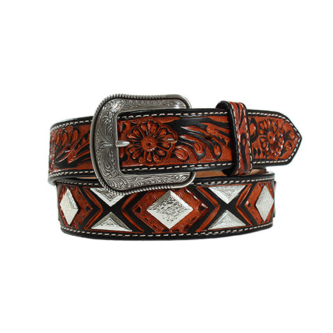 Pard's Western Shop 3-D Men's Brown Floral Tooled Belt with Diamond & Triangle Shaped Conchos