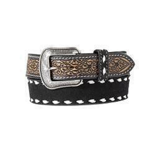 Pard's Western Shop 3-D Men's Black Rough Out Belt with White Bucklace Stitching & Floral Tooled Tabs