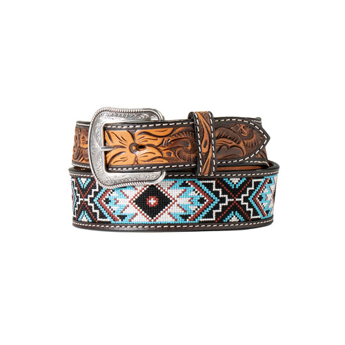 Pard's Western Shop 3-D Men's Brown Floral Tooled Belt with Southwest Design Embroidered Inlay