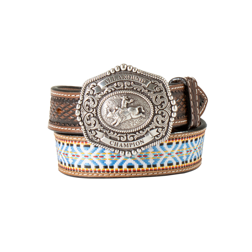 Pard's Western Shop 3D Boys Brown Diamond Tooled Belt with Woven Ribbon Inlay & All-Around Bullrider Buckle