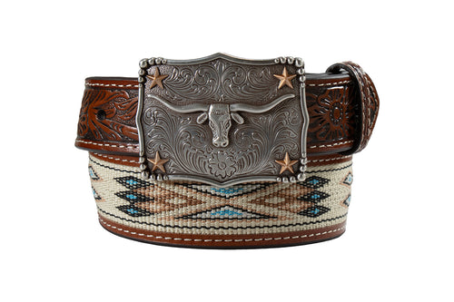 Pard's Western Shop 3D Brown Belt with Southwest Woven Inlay and Longhorn Buckle for Kids