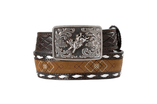 Pard's Western Shop 3D Boys Brown Diamond Stitch Belt with Bullrider Buckle