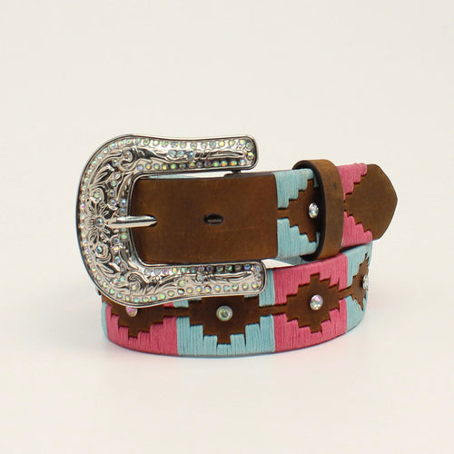 Pard's Western Shop Angel Ranch Girls Brown Belt with Pink/Turquoise Laced Southwest Pattern 