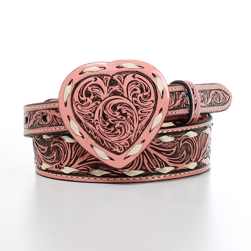 Pard's Western Shop Girls Angel Ranch Pink Floral Tooled Belt with Floral Tooled Heart Buckle