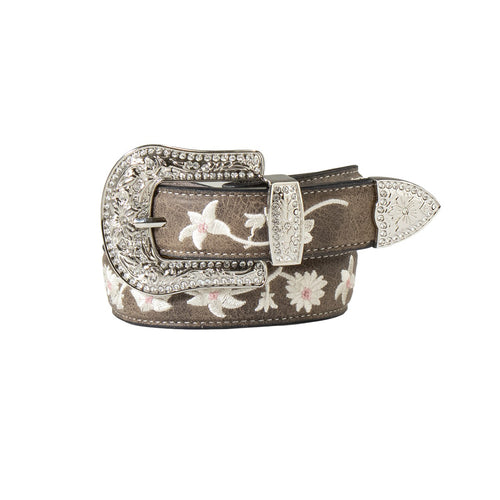 Pard's Western Shop Girls Angel Ranch Grey Leather Belt with Pink & White Floral Embroidery