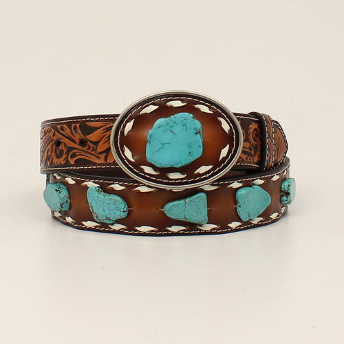 Pard's Western Shop Angel Ranch Brown Buck Laced Belt with Turquoise Stones