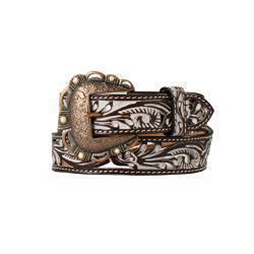 Pard's Western shop Angel Ranch Brown Filigree Floral Belt with White Wash Background
