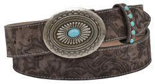 Pard's Western Shop Angel Ranch Brown Floral Embossed Belt with Turquoise Stone Oval Buckle