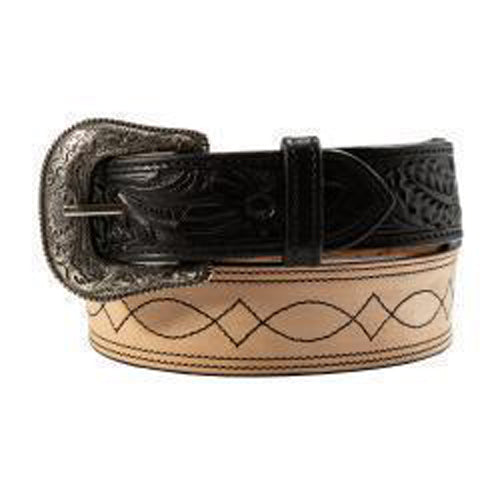 Pard's Western Shop Nocona Tan Roughout Boot Stitch Belt with Black Floral Tooled Tabs