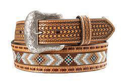 Pard's Western Shop Nocona Brown Diamond Embroidered Inlay Belt with Natural Arrow Basket Tooled Billets