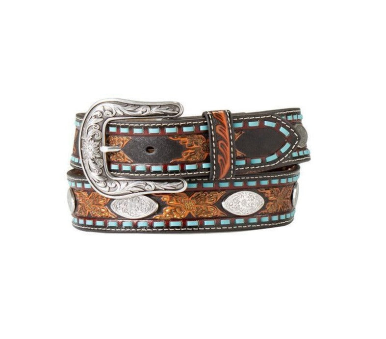 Pard's Western Shop Nocona Floral Embossed Belt with Turquoise Buck Lacing & Oval Conchos