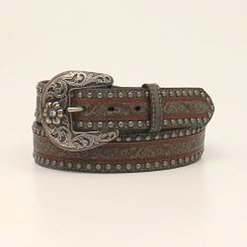 Pard's Western Shop Nocona Brown Floral Embossed Belt with Antique Silver Studs