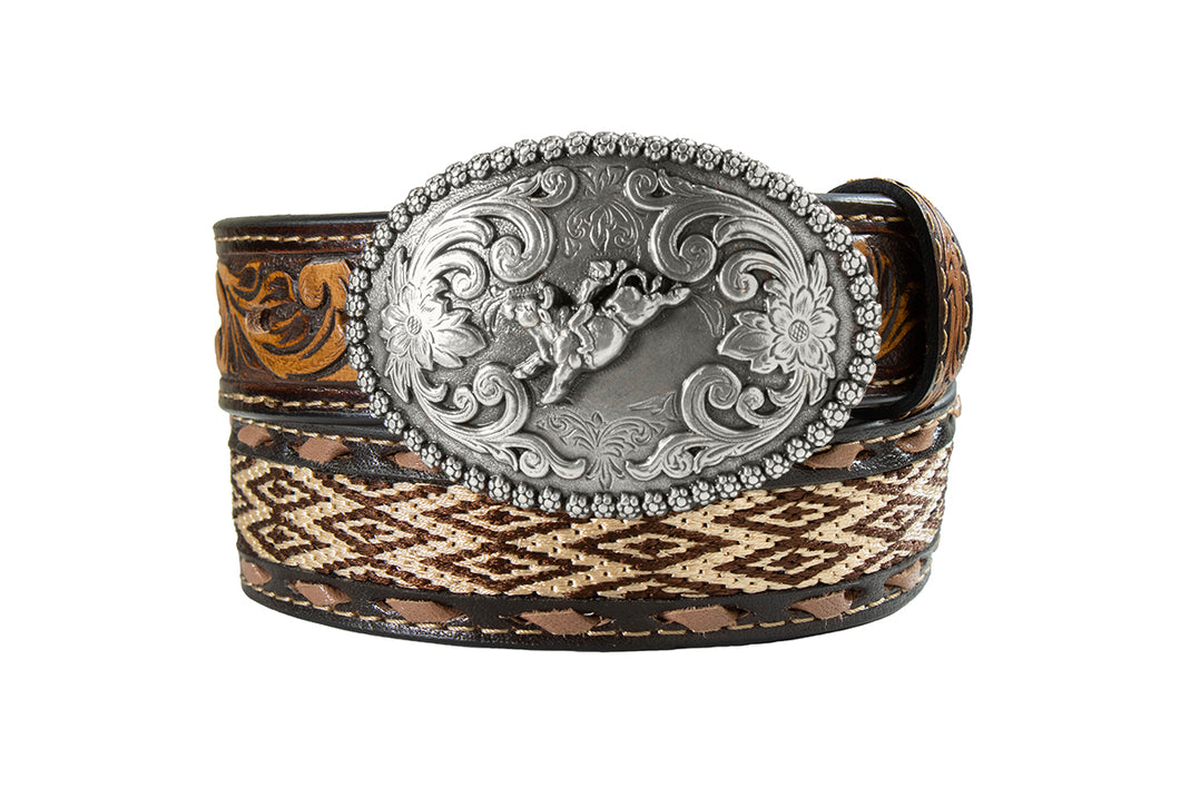 Pard's Western Shop Nocona Boys Brown Diamond Pattern Embroidered Belt with Oval Bullrider Buckle