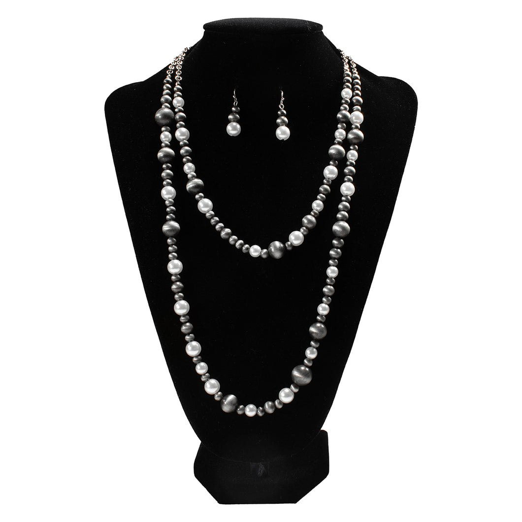 Pard's Western Shop Silver Strike Grey/White Navajo Beads & Pearls Necklace  Earring Set