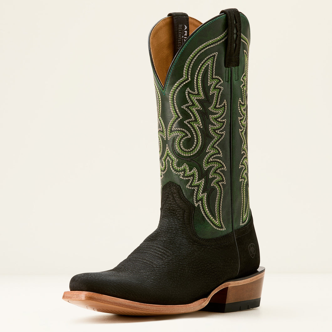 Pard's Western Shop Ariat Men's Black Suede Bison Futurity Relentless Blunt Toe Cowboy Boots with Green Tops