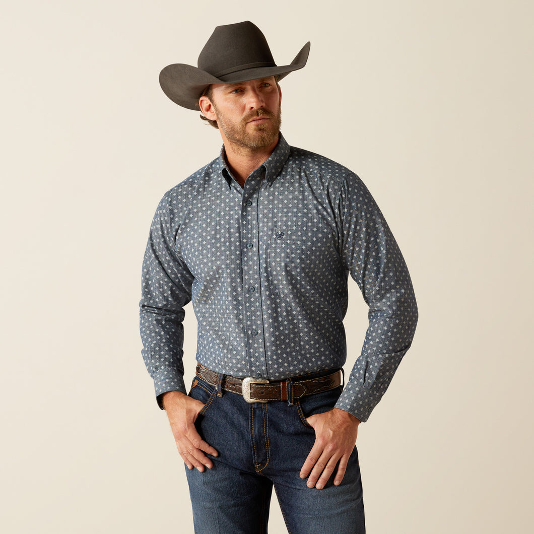 mens chambray dress shirt Ariat Chip Classic Fit Chambray Blue Print Button-Down Shirt for Men – Pard's Western Shop