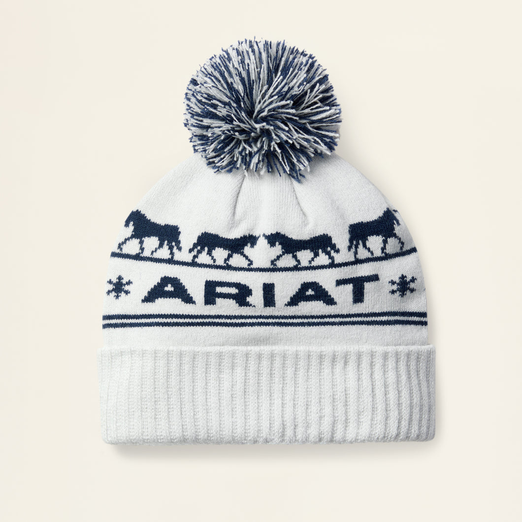 Pard's Western Shop Ariat Off White Apres Ski Beanie with Horses & Ariat Logo Print