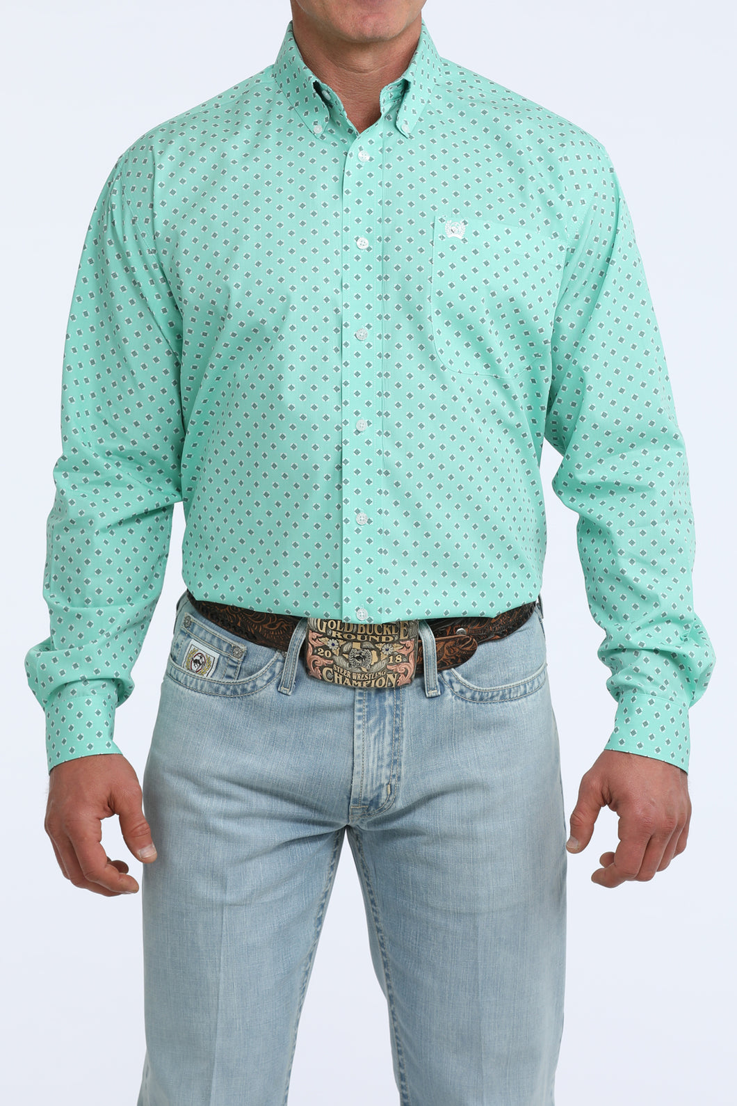 Pard's Western Shop Cinch Men's Turquoise Geometric Print Button-Down Shirt