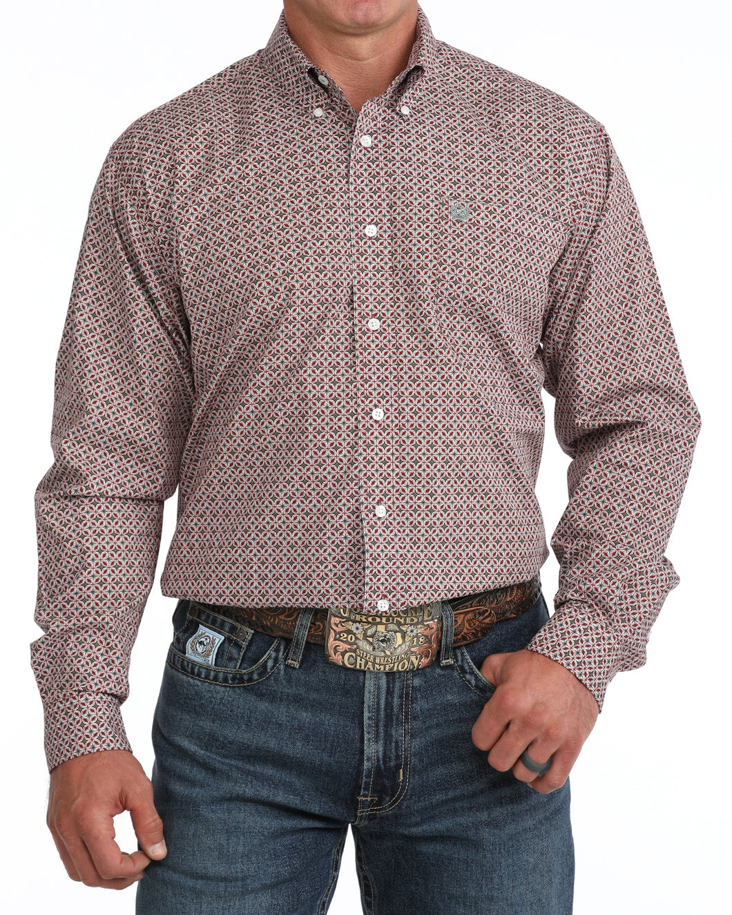 Pard's Western Shop Cinch Men's Burgundy Geometric Print Button-Down Shirt