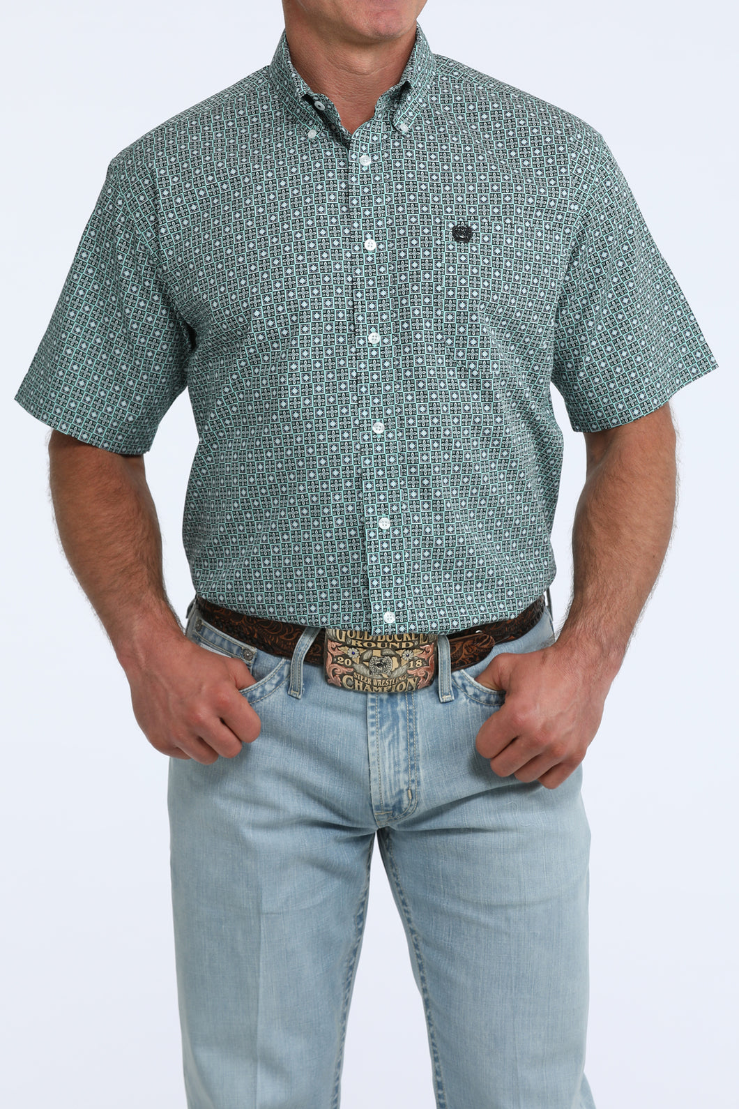 Pard's Western Shop Cinch Men's Green Geometric Print Short Sleeve Button-Down Shirt