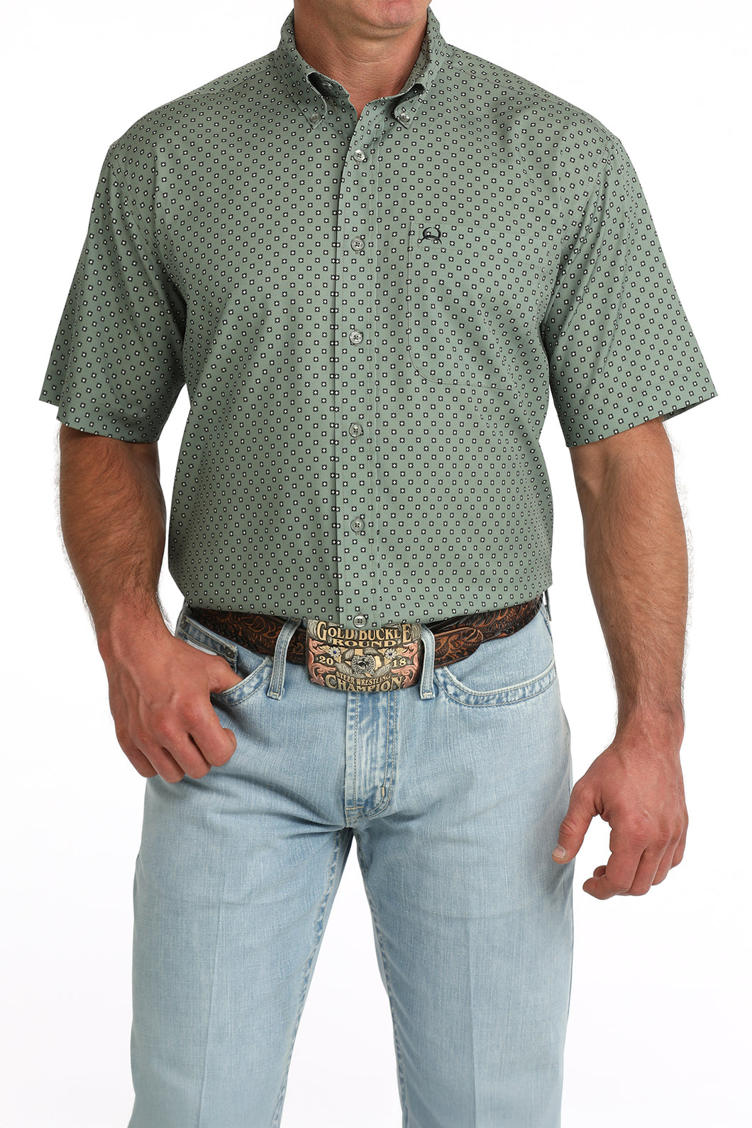 Pard's Western Shop Cinch Men's Olive Print Arenaflex Short Sleeve Button-Down Shirt