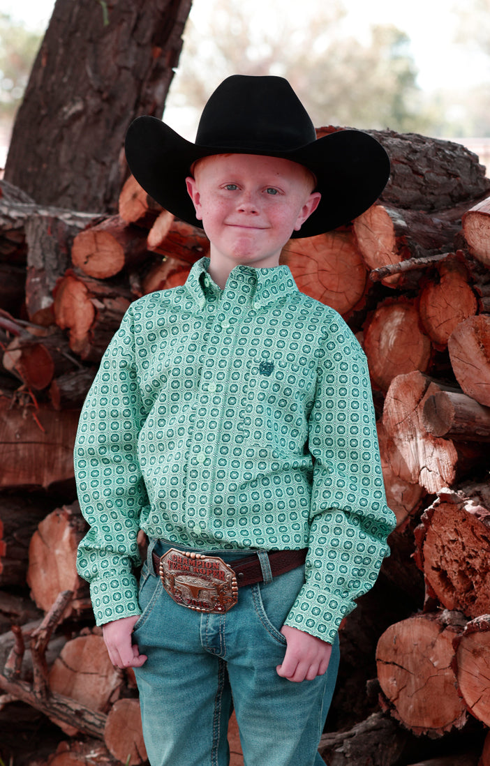 Pard's Western Shop Cinch Boys Turquoise Geometric Print Button-Down Shirt