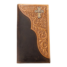 Pard's Western Shop Nocona Brown Rodeo Wallet with Tan Embossed Corner Overlay and Cross Concho
